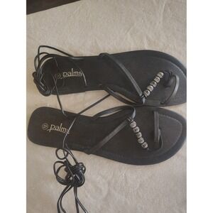 Palms Black Lace Up Gladiator Sandals Silver Bead Toe Loop Flat Shoes Size 12